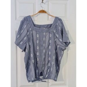 Style & Co Ikat Blouse‎ Tie-Front Square Neck Top Blue White XXL NWT